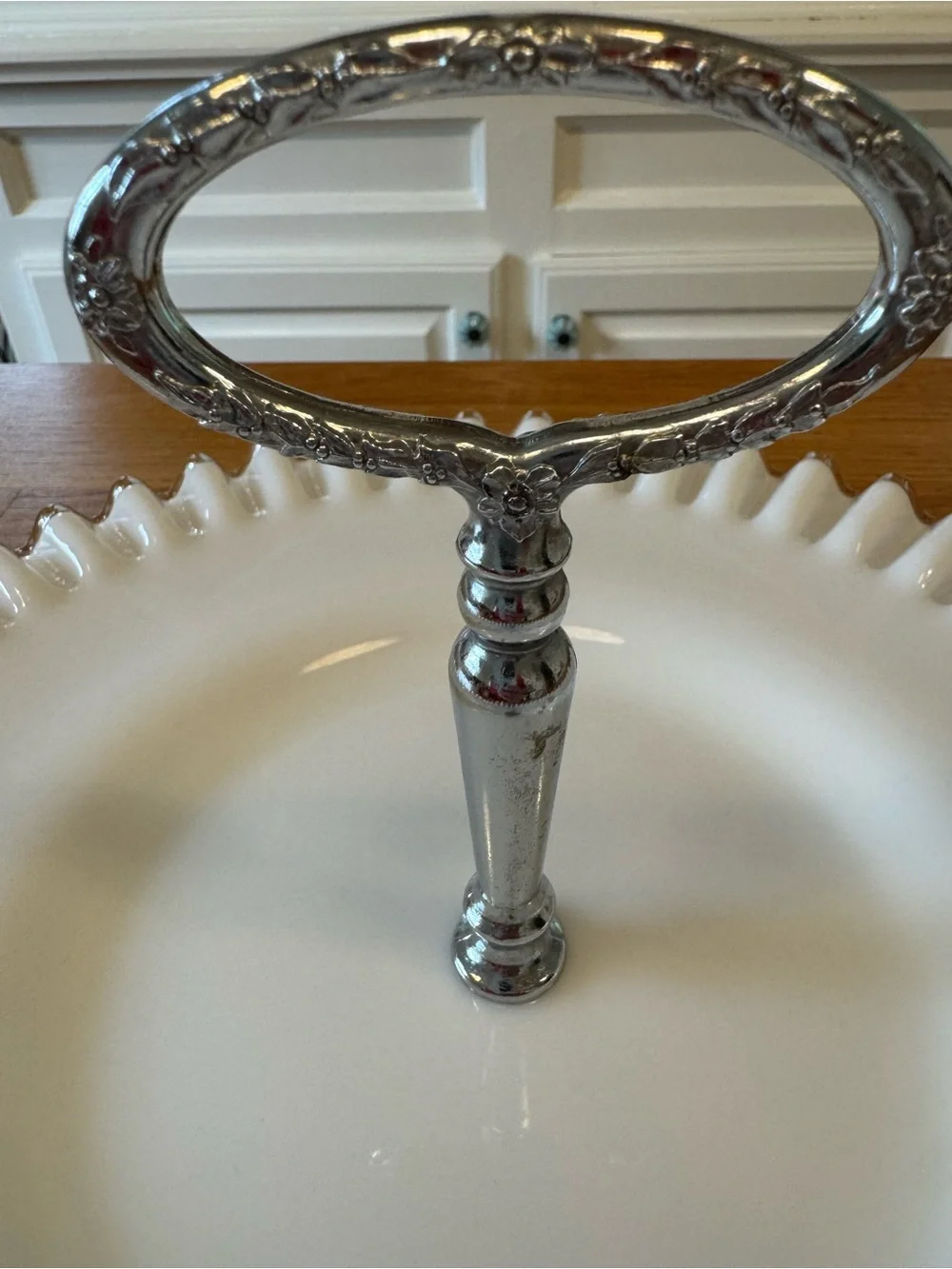 🤍 Fenton Silver Crest Milk Glass Tidbit Tray Ruffled Edge Chrome Handle | Vtg
